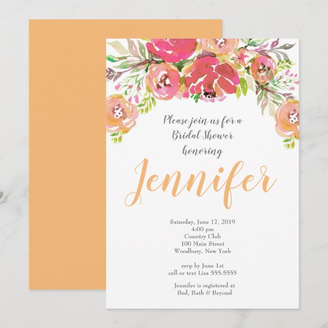 Invitación Coral & Peach floral Bridal Shower (Anverso / Reverso)