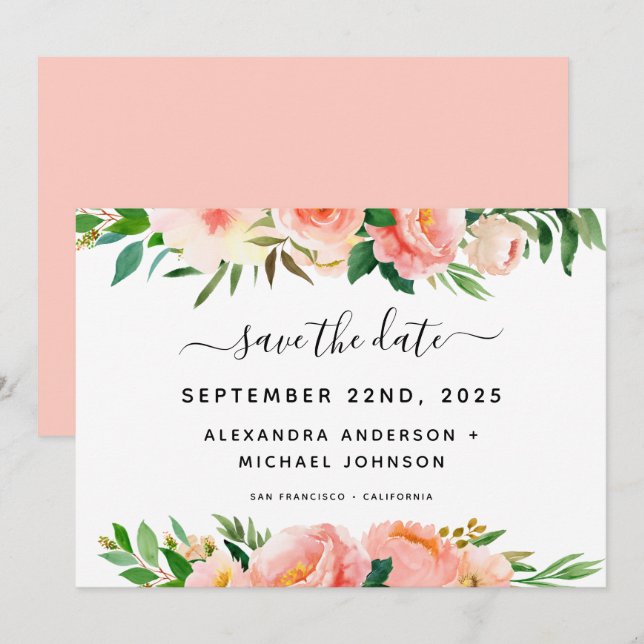 Invitación Coral Peach Floral Green Save the Date Invitati (Anverso / Reverso)