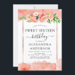 Invitación Coral Peach Floral Sweet 16 Cumpleaños<br><div class="desc">Geométrico de oro Rosa con Coral, Peach y White Floral y Eucalyptus Greenery Primavera Botánica o Pastel de Verano Dulce Dieciséis (16) Invitaciones a la celebración de la fiesta de cumpleaños - incluye hermosa y elegante tipografía de escritura con flores botánicas modernas y vegetación para la celebración especial de cumpleaños....</div>