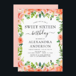Invitación Coral Peach Floral Sweet 16 Cumpleaños<br><div class="desc">Coral,  Peach y White Floral y Eucalyptus Greenery Primavera Botánica o Pastel de Verano Dieciséis (16º) Invitaciones a la celebración de la fiesta de cumpleaños - incluye hermosa y elegante tipografía de escritura con flores botánicas modernas y vegetación para la celebración especial de cumpleaños.</div>