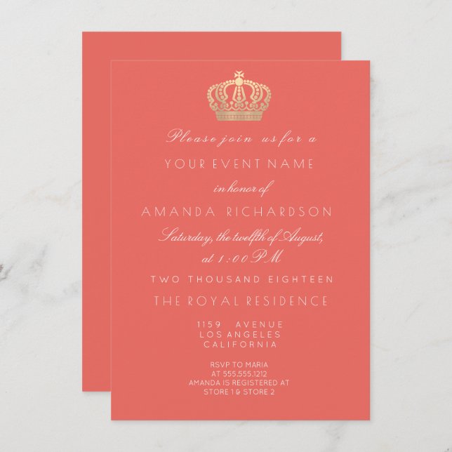 Invitación Coral Peach Golden Crown Royal Purpurina 16.ª novi (Anverso / Reverso)
