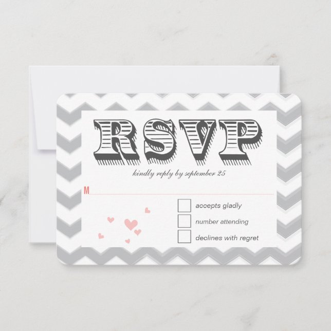 Invitación Coral Peach Gray Zig Zag Typografía Boda RSVP (Anverso)