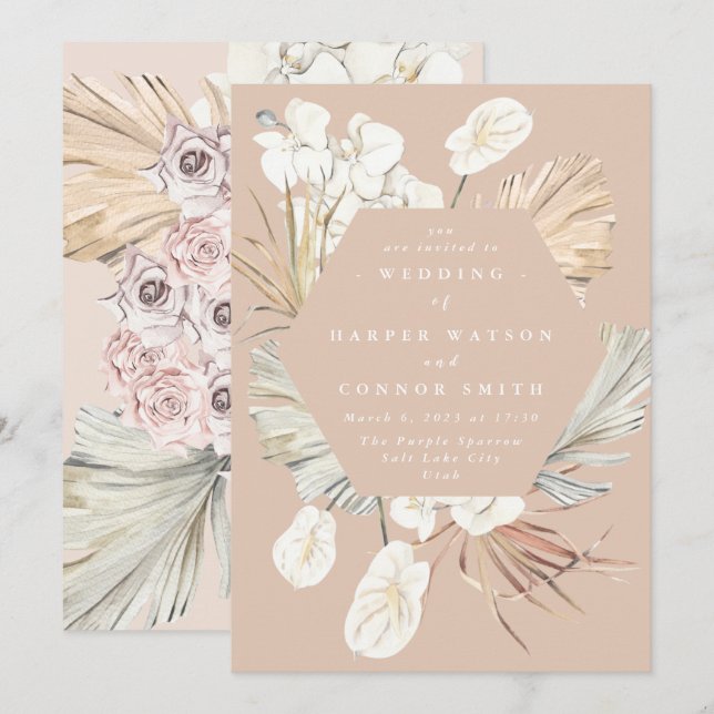 Invitación Coral Peach Pampas Selva Tropical Floral Grasa (Anverso / Reverso)