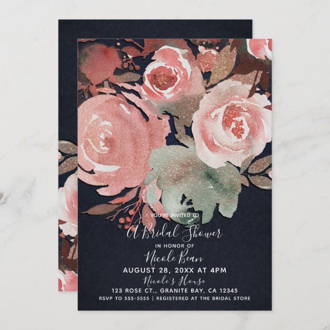 Invitación Coral Peach Peach Pink Soft Bold Floral Brillante  (Anverso / Reverso)