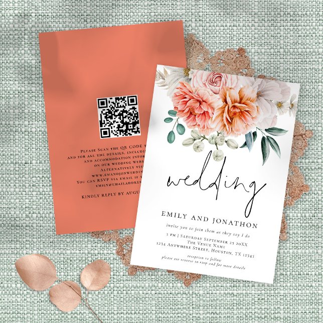 Invitación Coral Peach Peonies Florals Script Boda (Front and back view)