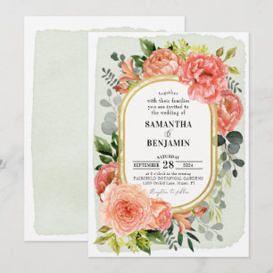 Invitación Coral Peach Rubor Floral Modern Gold Boda