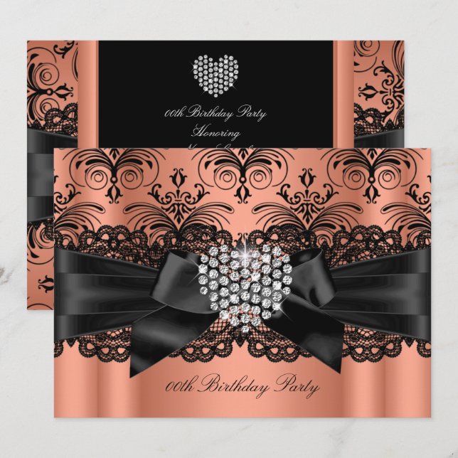 Invitación Coral Pink Diamond Heart Damask Fiesta de cumpleañ (Anverso / Reverso)