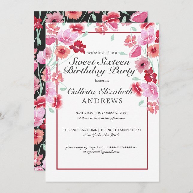 Invitación Coral Pink Floral Acuarela Dulce 16 Cumpleaños