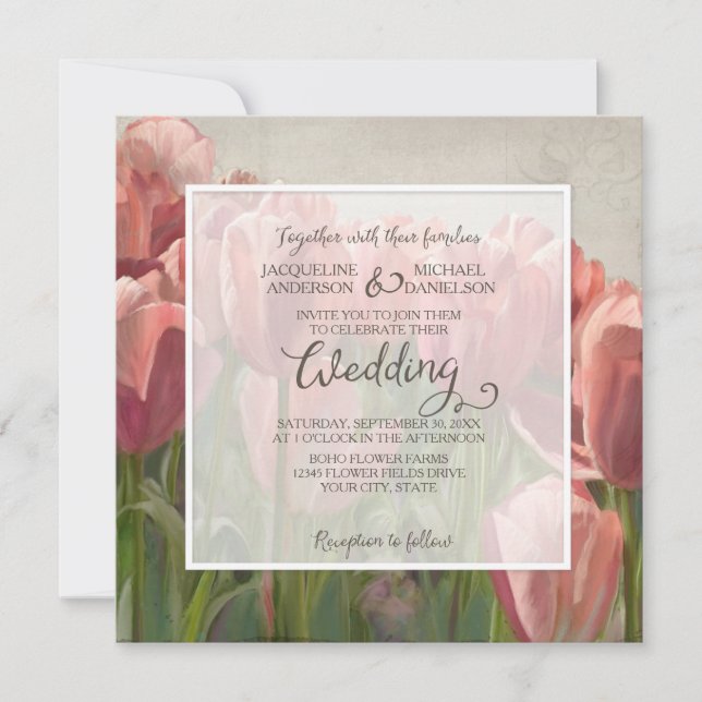Invitación Coral Pink Tulip Primavera Boda Madera Rustic (Anverso)
