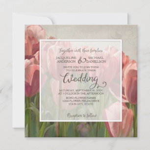Invitación Coral Pink Tulip Primavera Boda Madera Rustic