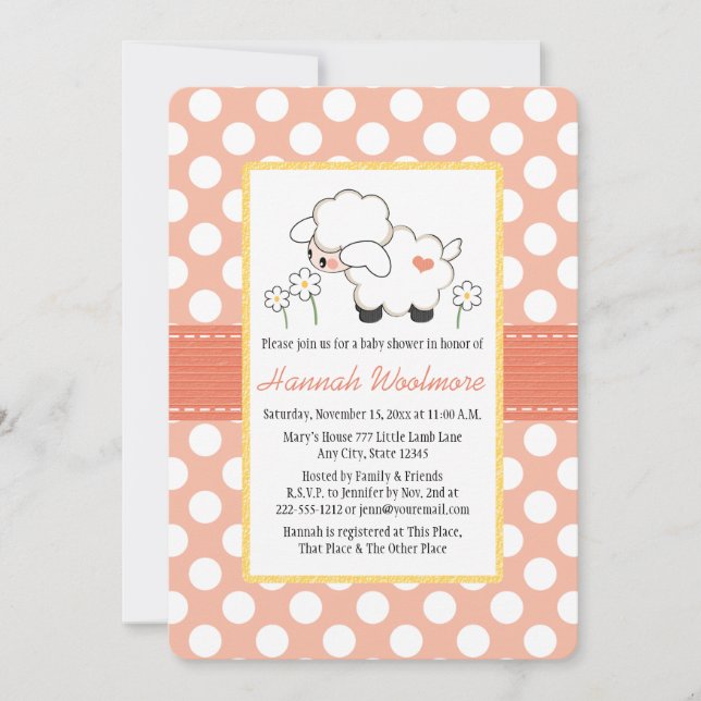 Invitación Coral Polka Dot Lamb Baby Shower (Anverso)