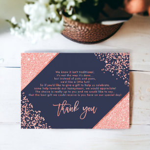 Invitación Coral purpurina confetti boda azul marino gracias