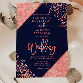 Invitación Coral purpurina confetti moda boda azul marino