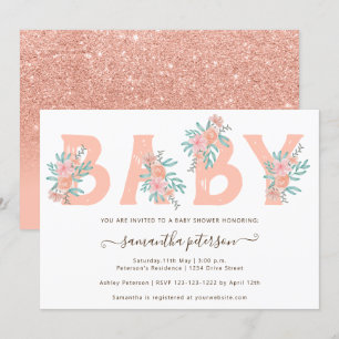 Invitación Coral purpurina floral acuarela letra bebé ducha