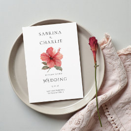 Invitación Coral Red Hibiscus Floral Tropical Wedding