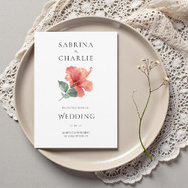 Invitación Coral Red Hibiscus Floral Tropical Wedding