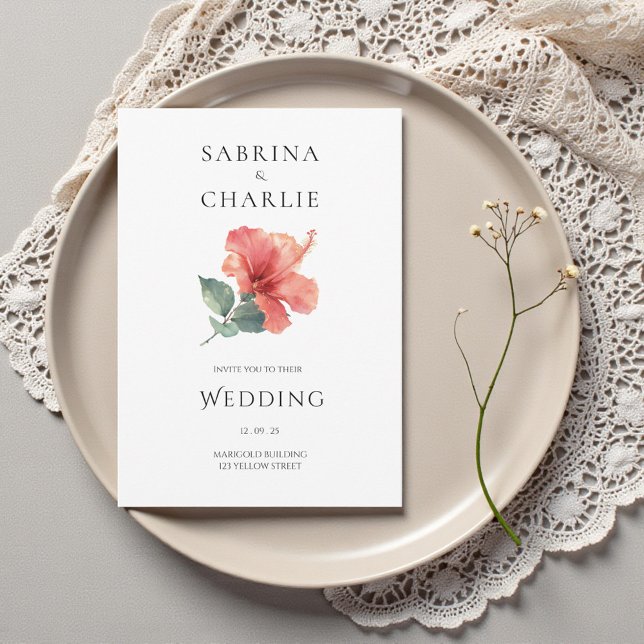 Invitación Coral Red Hibiscus Floral Tropical Wedding (Coral Red Hibiscus Floral Tropical Wedding Invitation)
