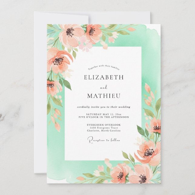 Invitación Coral Romantic Floral Wedding (Anverso)
