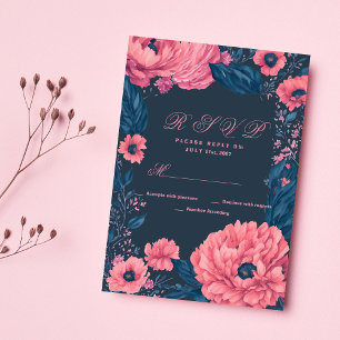 Invitación Coral rosa azul marino acuarela floral RSVP