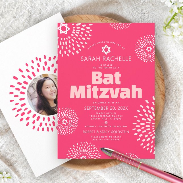 Invitación Coral Rosa Bat Mitzvah Foto Explosión de Estrellas (Subido por el creador)