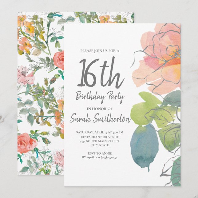 Invitación Coral Rosa Boho Acuarela Floral Dulce 16 (Anverso / Reverso)
