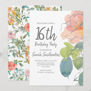 Invitación Coral Rosa Boho Acuarela Floral Dulce 16