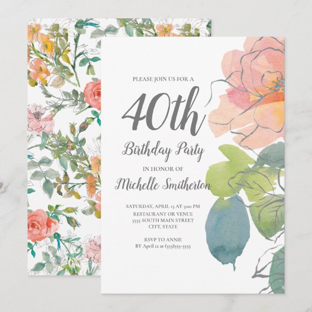 Invitación Coral Rosa Boho Aquarela Floral 40 Cumpleaños (Anverso / Reverso)