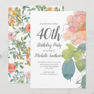 Invitación Coral Rosa Boho Aquarela Floral 40 Cumpleaños