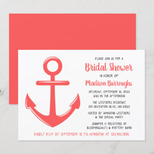 Invitación Coral Rosa Cute Anchor Nautical Bridal Ducha