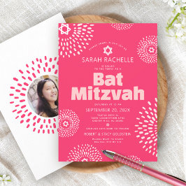 Invitación Coral Rosa Estrella de Fotos Bat Mitzvah Explosión