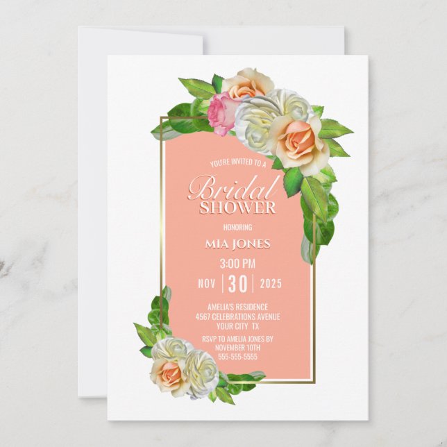 Invitación Coral Rosa Floral Gold Border Bridal Shower (Anverso)