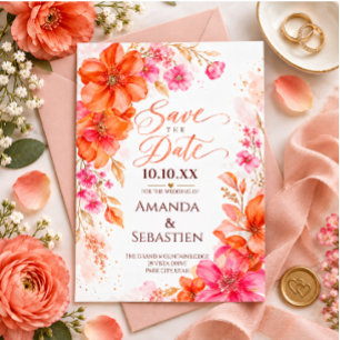 Invitación Coral Rosa Naranja Acuarela Floral Salva la Fecha