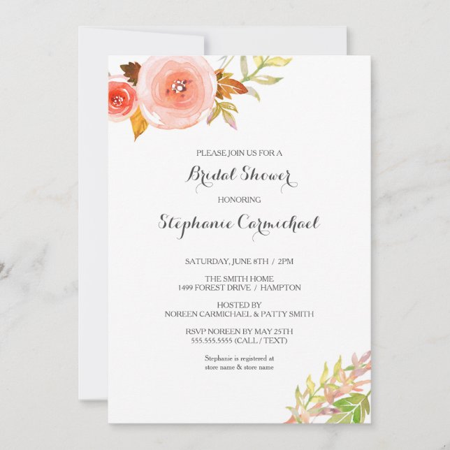 Invitación Coral rosa Rubor Floral Bridal Shower 3605b (Anverso)