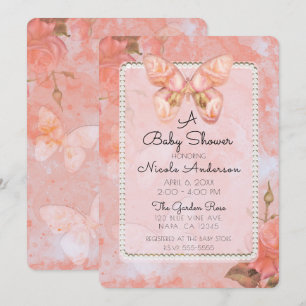 Invitación Coral Rosa Vintage Mariposa Rosa Baby Shower