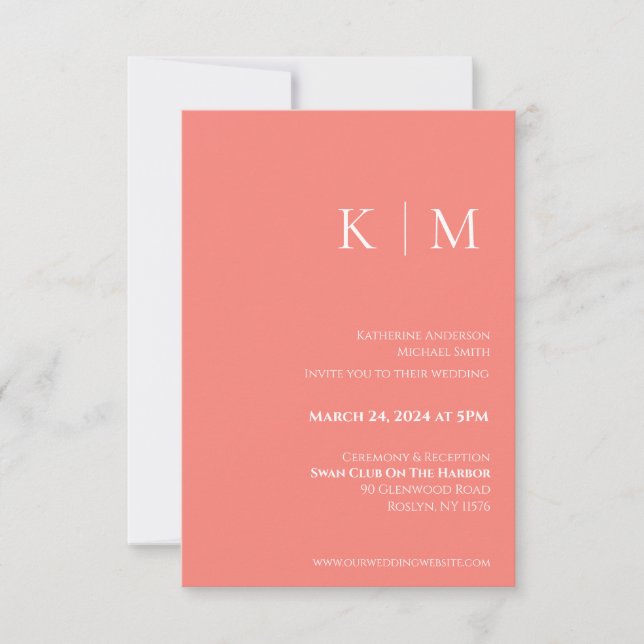 Invitación Coral rosa y Monograma blanco Boda- (Anverso)