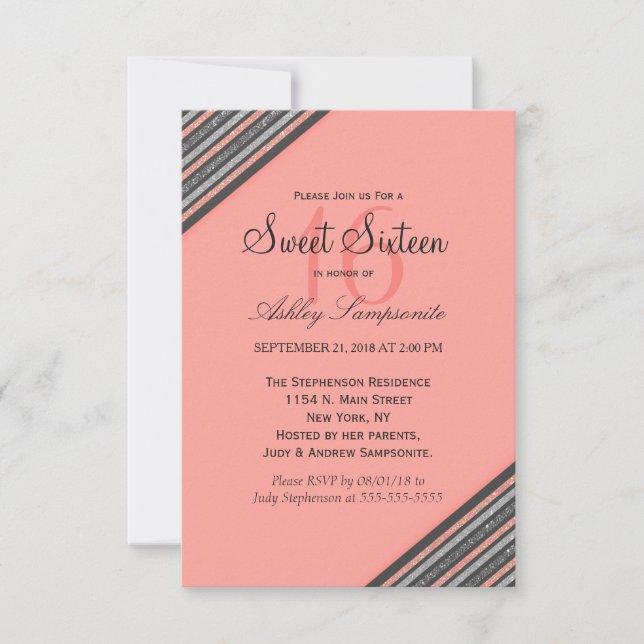 Invitación Coral Rosa y Rayas Purpurinas (Anverso)