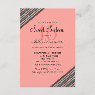 Invitación Coral rosado y rayas Purpurinas