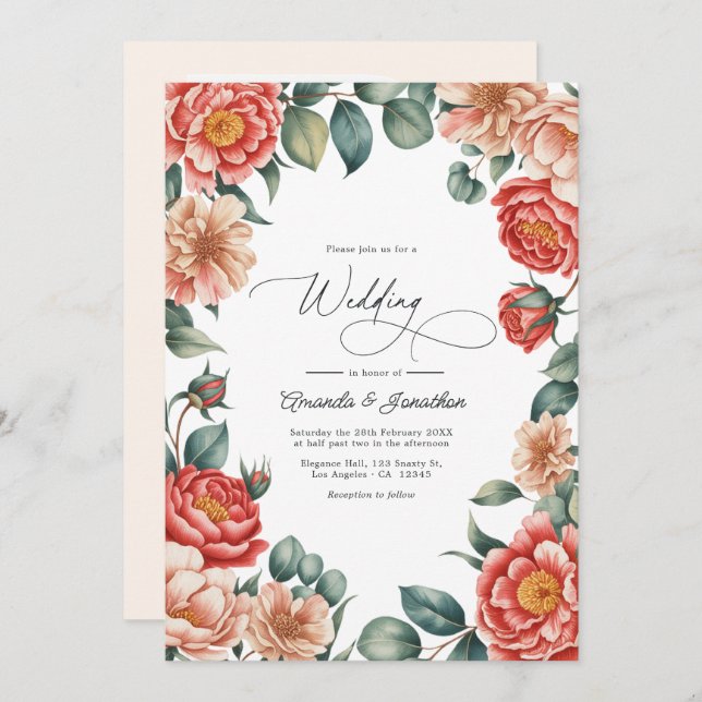 Invitación Coral Rose, Apricot Blush, and Soft Mint Wedding (Anverso / Reverso)