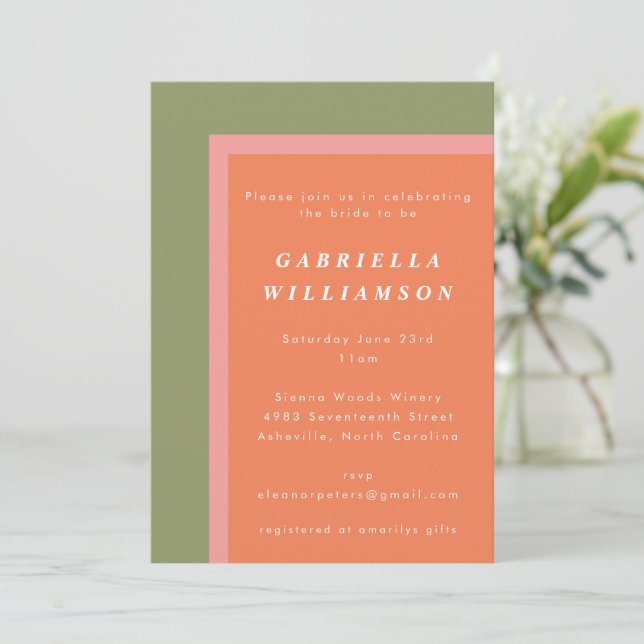 Invitación Coral Sage Green Green Modern Geometric Bridal Sho (Anverso de pie)