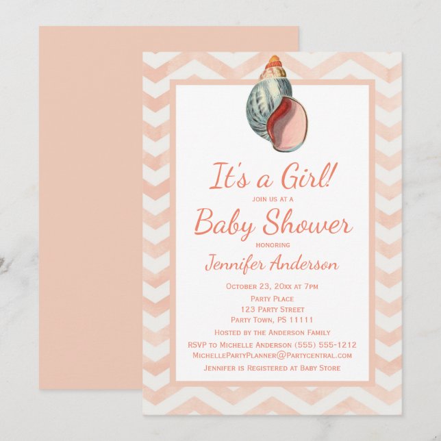 Invitación Coral Seashell Baby Shower Chica Boy (Anverso / Reverso)