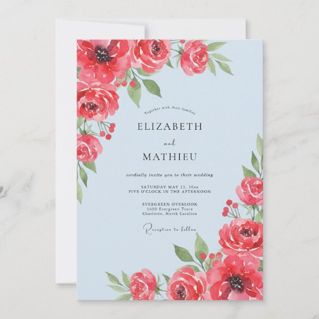 Invitación Coral Sky Ranunculus Boda de Eucalipto Suave (Anverso)