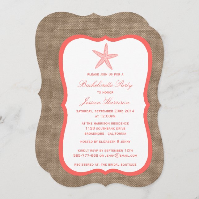 Invitación Coral Starfish Beach Burlap Bachelorette Party (Anverso / Reverso)
