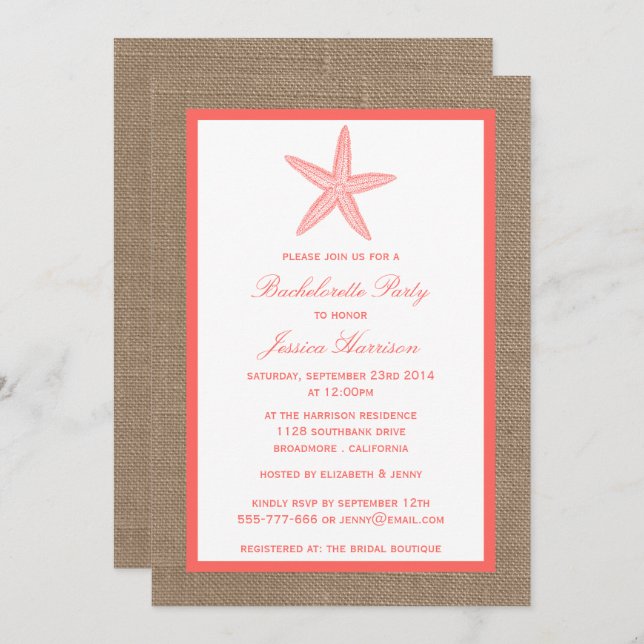 Invitación Coral Starfish Beach Burlap Bachelorette Party (Anverso / Reverso)