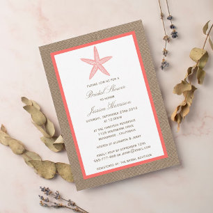 Invitación Coral Starfish Beach Burlap Bridal Shower