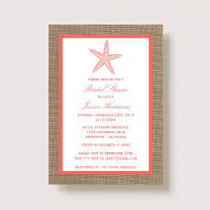Invitación Coral Starfish Beach Burlap Bridal Shower