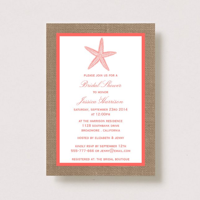Invitación Coral Starfish Beach Burlap Bridal Shower (Subido por el creador)