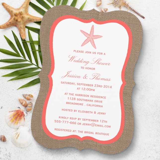 Invitación Coral Starfish En La Ducha De Bodas Burlap Beach (Subido por el creador)