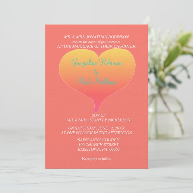 Invitación Coral Sunset Hearts (Anverso de pie)