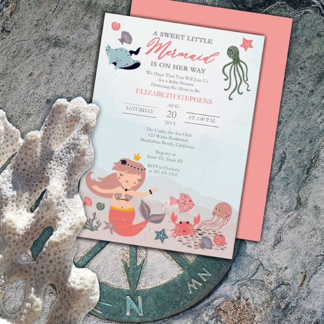 Invitación Coral Sweet Pequeña Sirenita Chica Baby Shower En (Subido por el creador)