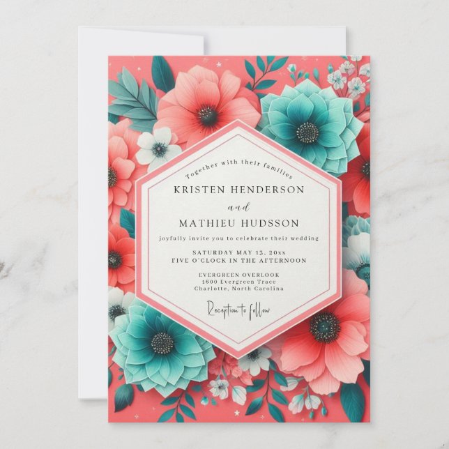 Invitación Coral Teal Bloom Romance Wedding (Anverso)